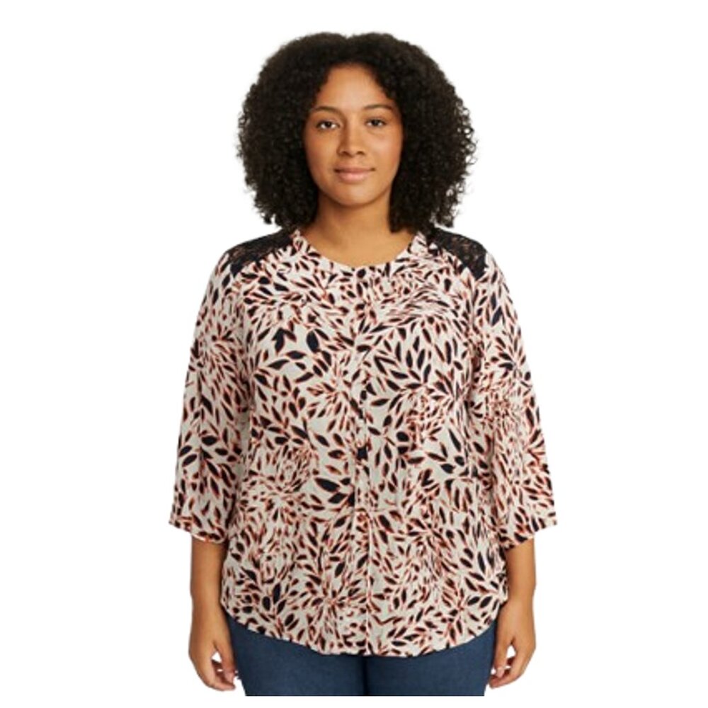 Isani Womens Floral Button Down Blouse Top XL Cream Multicolor Lace Shoulder NWT
